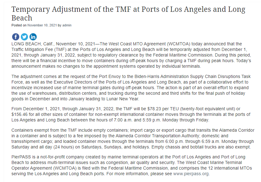 洛杉磯、長(zhǎng)灘港最新規(guī)定：卡車提柜費(fèi)用翻番！